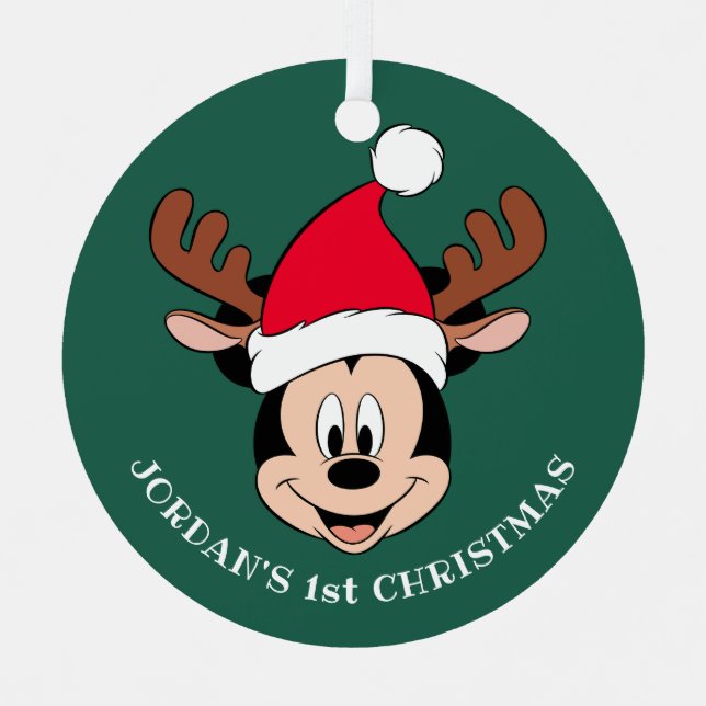 Mickey Mouse Reindeer Ears | Baby's 1st Christmas Metal Ornament (Front)