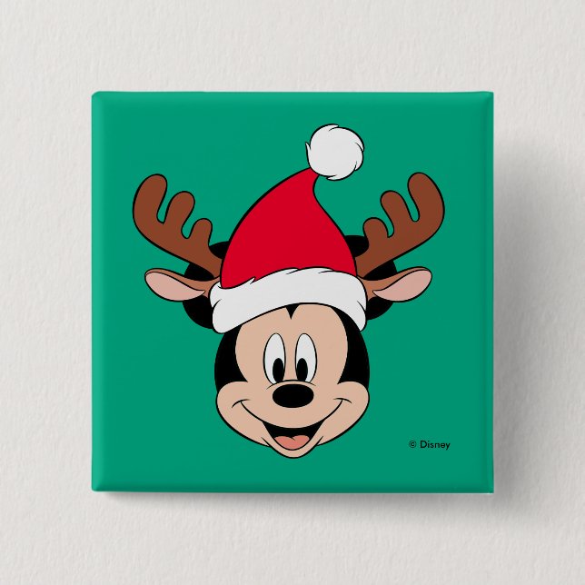 Mickey Mouse | Reindeer Ears & Santa Hat 2 Inch Square Button (Front)