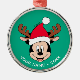 Mickey Mouse   Reindeer Ears & Santa Hat Metal Ornament
