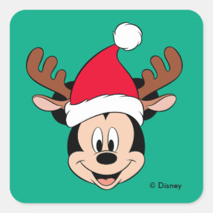 Mickey Mouse   Reindeer Ears & Santa Hat Square Sticker