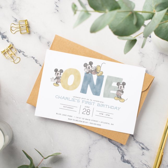 Mickey Mouse Watercolor First Birthday Invitation (Creator Uploaded)