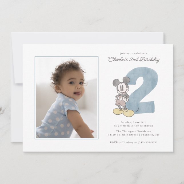 Mickey Mouse Watercolor Second Birthday - Photo Invitation (Front)