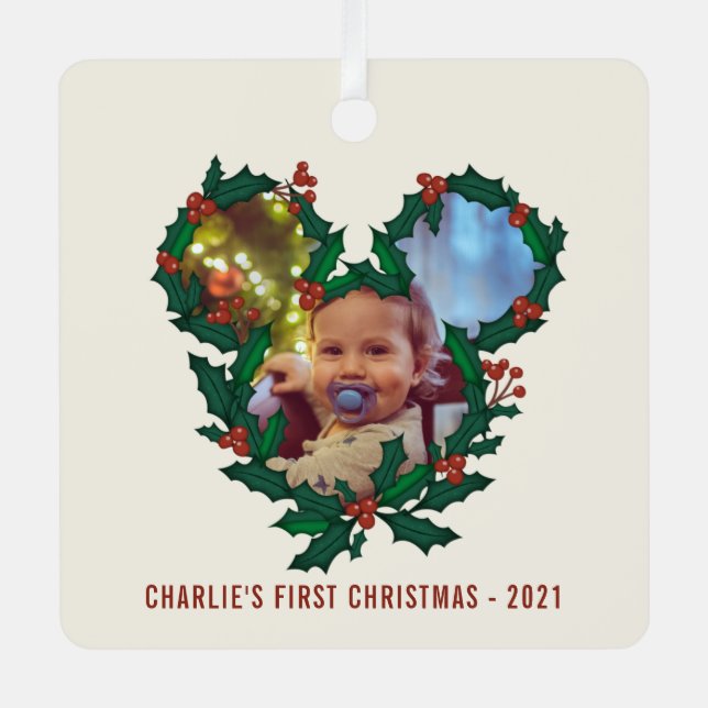 Mickey Mouse Wreath | Baby's First Christmas Metal Ornament (Front)