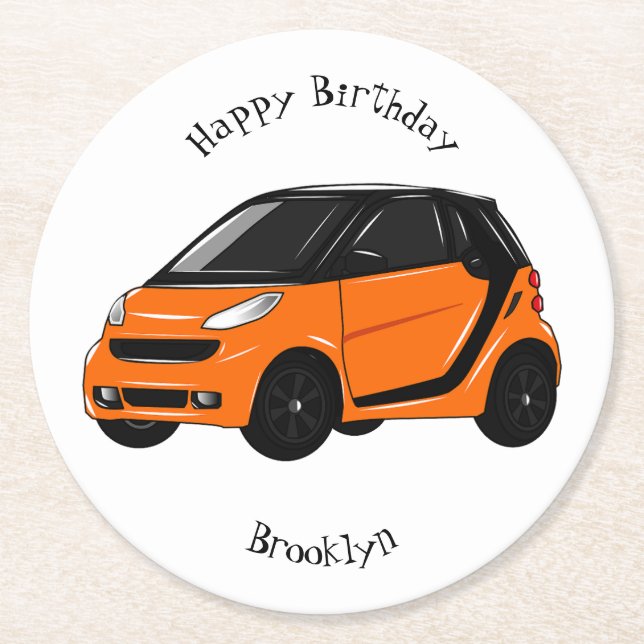 Micro car cartoon illustration round paper coaster (Front)