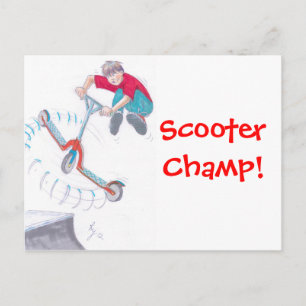 micro scooter microscooter trick cartoon postcard