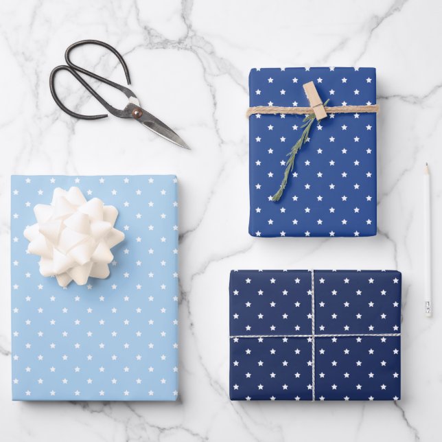 Micro Stars White - 3 Blue Wrapping Paper Sheet (Front)