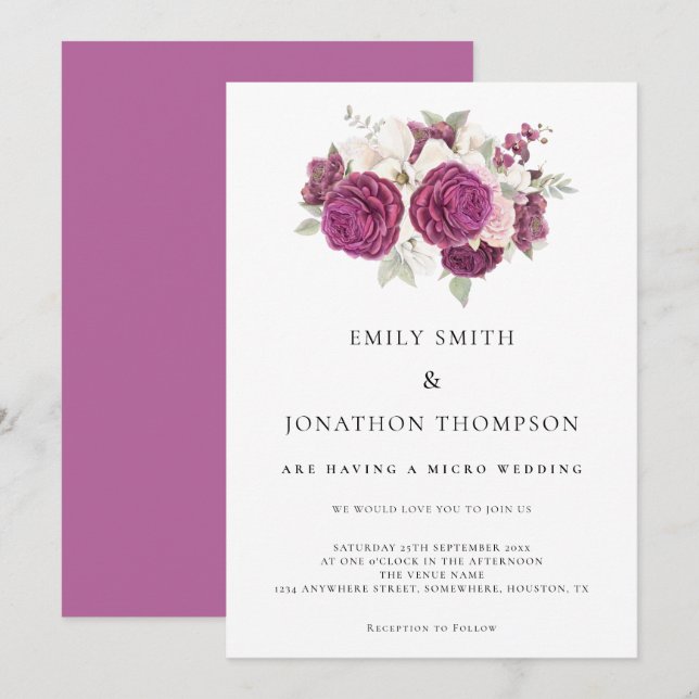 Micro Wedding Burgundy Florals Rose Pink Invitation (Front/Back)