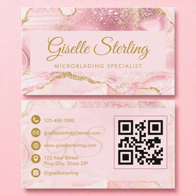 Microblading Blush Pink Gold Agate QR Code Business Card (Creator Uploaded)