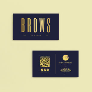 Microblading Brows QR Code Logo Navy And Gold  Business Card