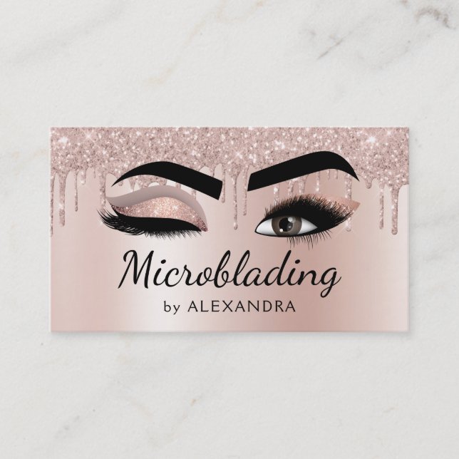 Microblading Eyebrows Brows Glitter Rose Gold Pink Business Card (Front)