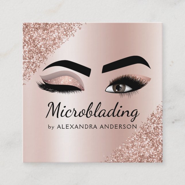 Microblading Eyebrows Brows Glitter Rose Gold Pink Square Business Card (Front)