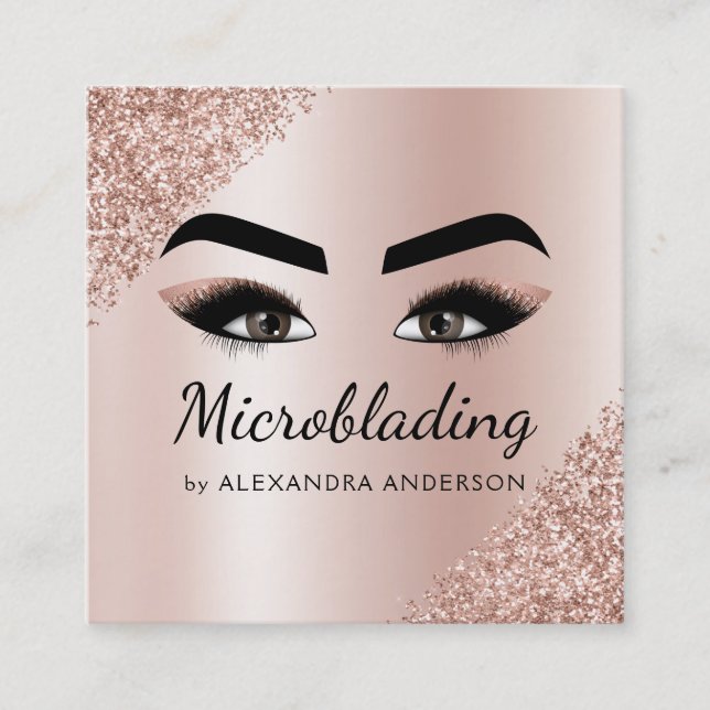Microblading Eyebrows Brows Glitter Rose Gold Pink Square Business Card (Front)
