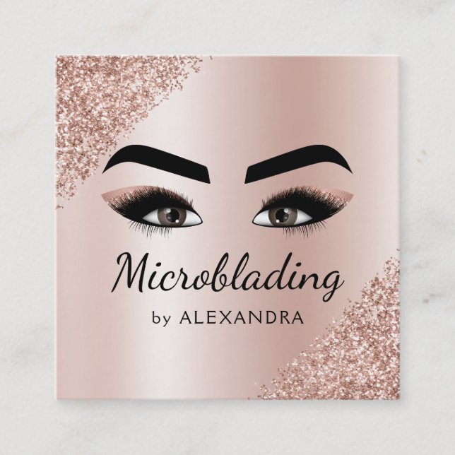 Microblading Eyebrows Brows Glitter Rose Gold Pink Square Business Card (Front)