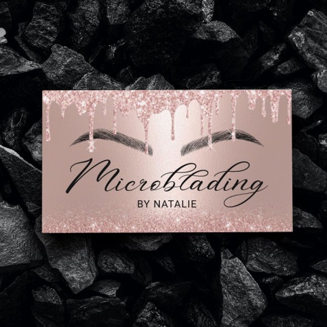Microblading Rose Gold Glitter Drips Typography Business Card (Creator Uploaded)