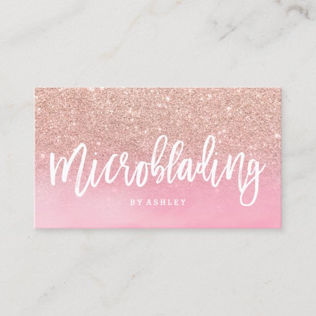 Microblading rose gold glitter pink watercolor business card (Front)