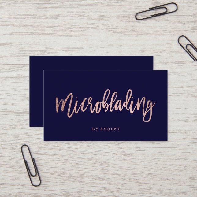 Microblading rose gold typography navy blue business card (Front/Back In Situ)