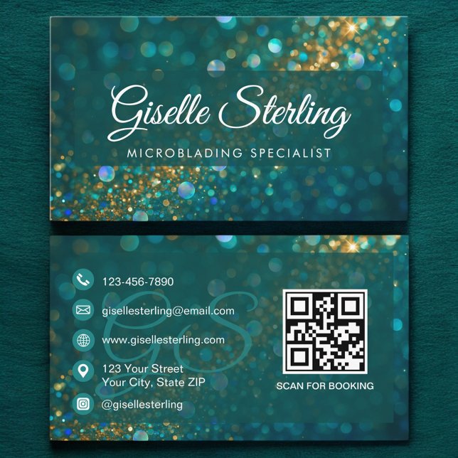 Microblading Teal Gold Glitter QR Code Luxury Business Card (Creator Uploaded)