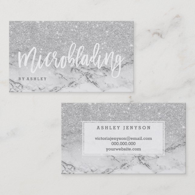 Microblading typography silver glitter marble business card (Front/Back)