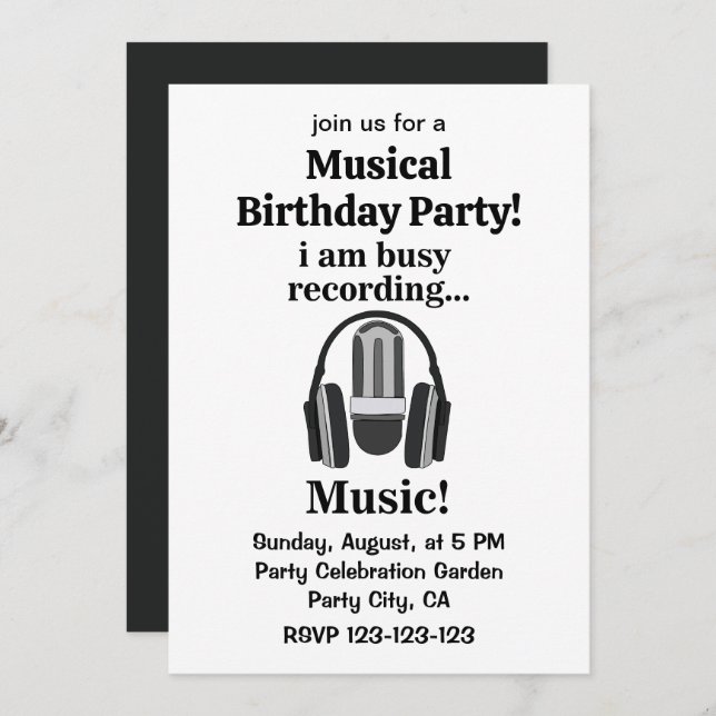 Microphone Headphone Musical Birthday Party Invitation (Front/Back)