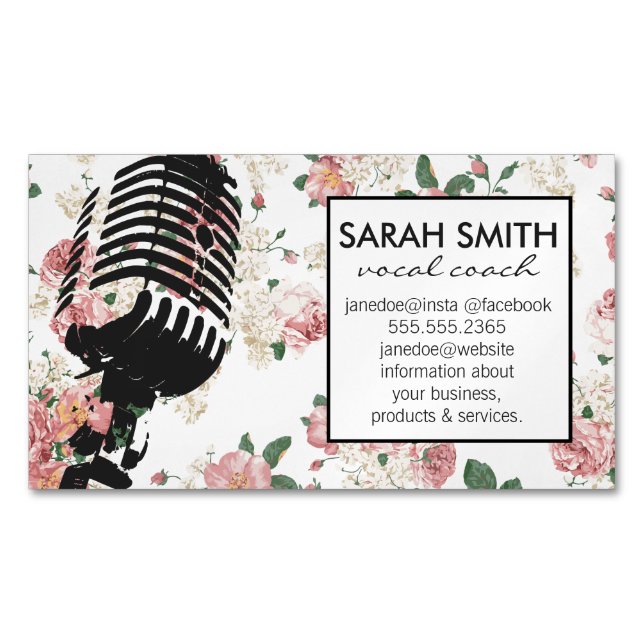 Microphone with Floral Pattern Magnetic Business Card (Front)