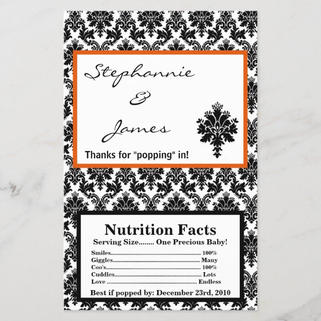 Microwave Popcorn Wrapper Black Orange Damask (Front)