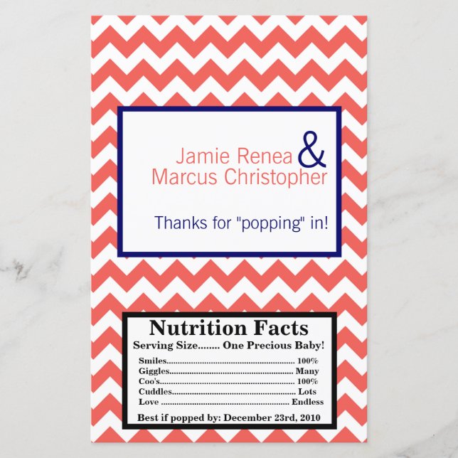 Microwave Popcorn Wrapper Coral Navy Blue Chevron (Front)