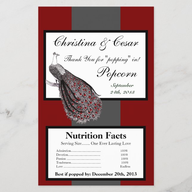 Microwave Popcorn Wrapper Peacock Red Black White (Front)