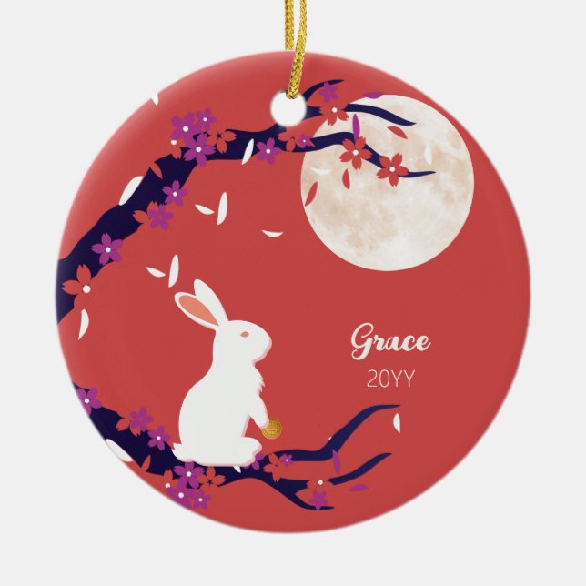 Mid Autumn Festival Full Moon Rabbit  Ceramic Ornament (Front)