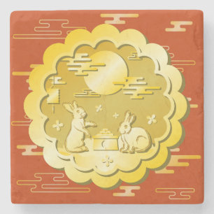 Mid Autumn Festival Gold Mooncake Moon Rabbit Stone Coaster