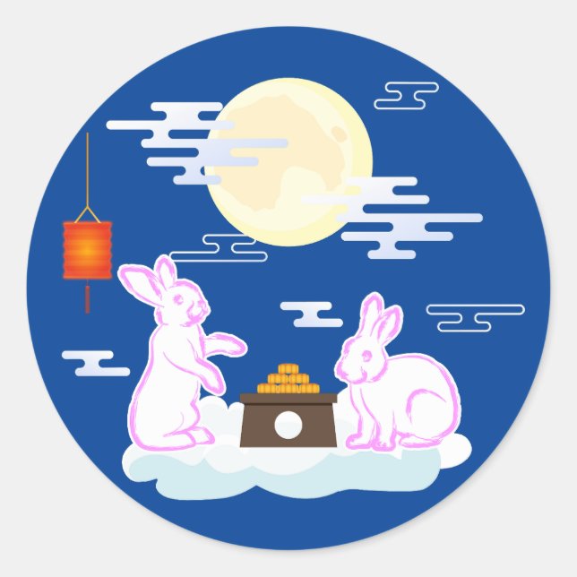 Mid Autumn Festival Moon Rabbit Mooncake Clouds Classic Round Sticker (Front)