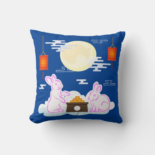 Mid Autumn Festival Moon Rabbit Mooncake Clouds Throw Pillow (Front)