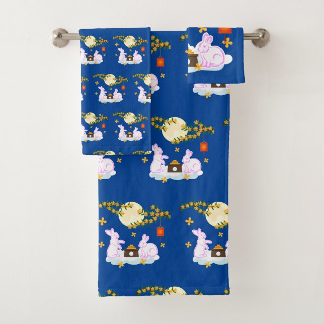 Mid Autumn Festival Moon Rabbit Mooncake Osmanthus Bath Towel Set (Insitu)