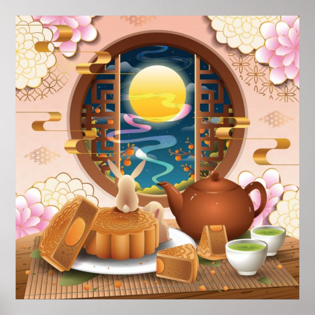 Mid-Autumn Festival Rabbit, Mooncake, Tea Poster (Front)