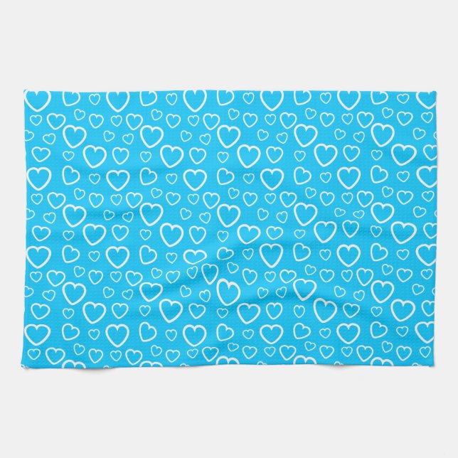 Mid Blue and White Love Hearts Pattern Kitchen Towel (Horizontal)