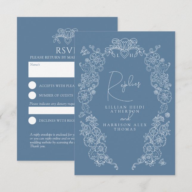Mid blue grey monogram blossom RSVP wedding (Front/Back)