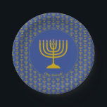 Mid Blue Hanukkah Customizable MENORAH Paper Plate<br><div class="desc">Elegant mid blue MENORAH Paper Plates, showing with faux gold menorah in a tiled pattern. At the centre, there is an image of a large menorah which is CUSTOMIZABLE, so you can upload your own image. Underneath, the text reads CHAG SAMEACH. This is also customizable so you can add your...</div>