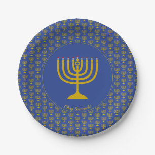 Mid Blue Hanukkah Customizable MENORAH Paper Plate