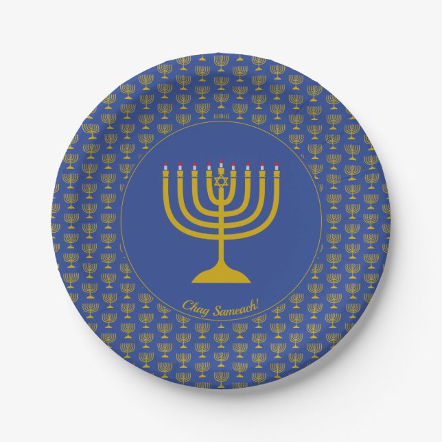 Mid Blue Hanukkah Customizable MENORAH Paper Plate (Front)