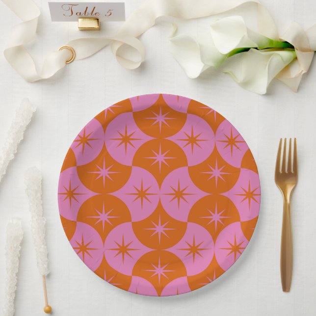  Mid Centruy Starbursts on Pink Orange Scallop  Paper Plate (Wedding)