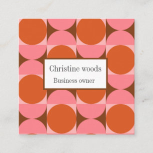 Mid century abstract circles pink orange custom square business card