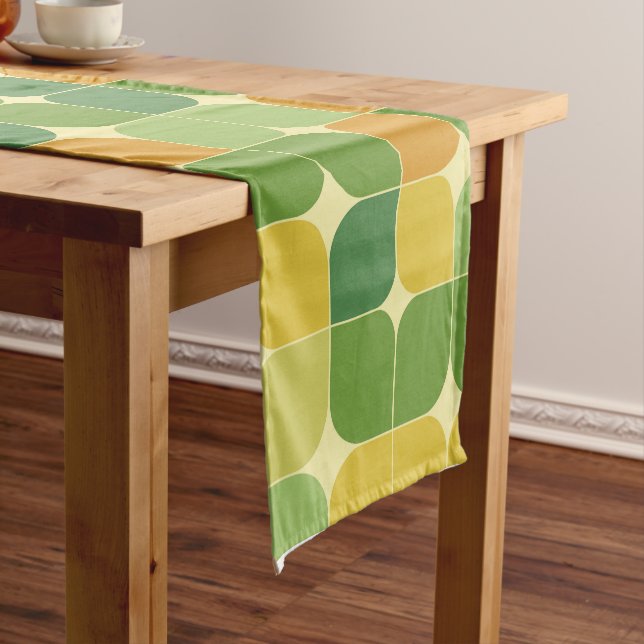 Mid Century Abstract Green Orange Yellow Short Table Runner (In Situ)
