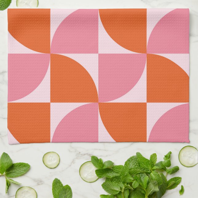Mid century Abstract Orange and Pink Pattern    Kitchen Towel (Folded)