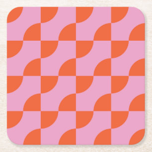 Mid Century Abstract Orange Semi Circles on Pink  Square Paper Coaster