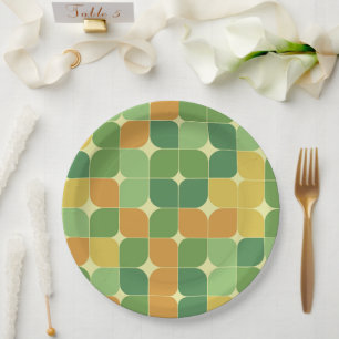 Mid Century Abstract Pattern green orange Yellow  Paper Plate