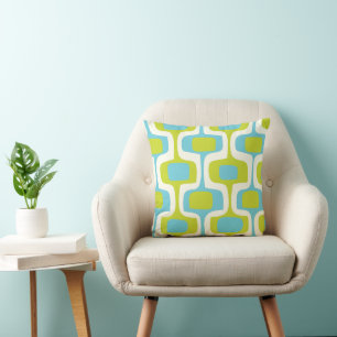 Mid-Century Aqua and Chartreuse Retro Pattern Throw Pillow