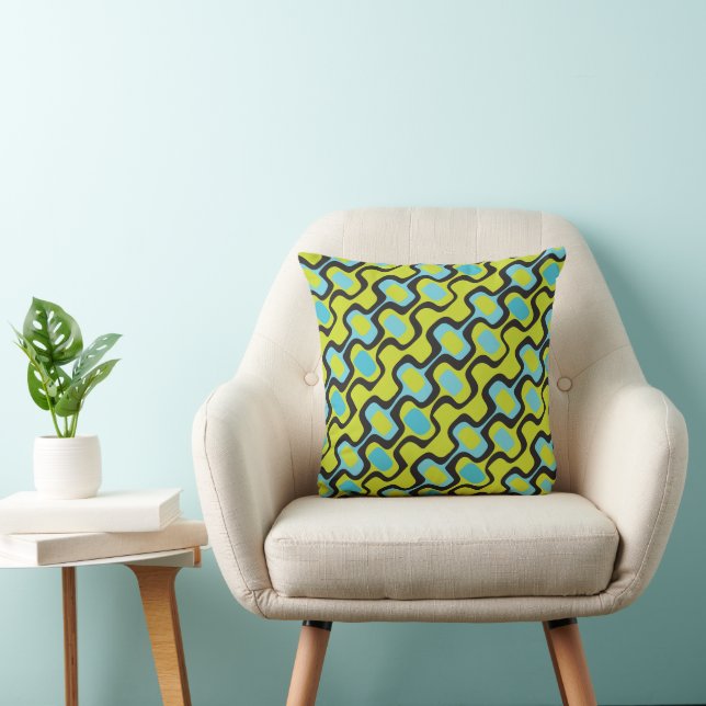 Mid-Century Aqua and Chartreuse Retro Pattern Throw Pillow (Chair)