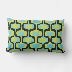 Mid-Century Aqua Chartreuse & Black Retro Pattern Outdoor Pillow