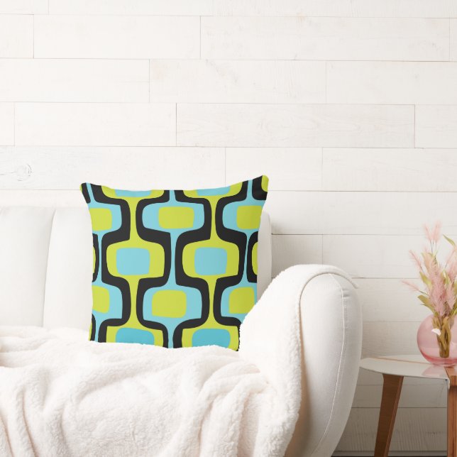 Mid-Century Aqua Chartreuse & Black Retro Pattern Throw Pillow (Couch)