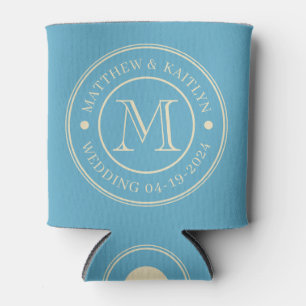 Mid-Century Aqua Sky  Wedding Monogram Can Cooler