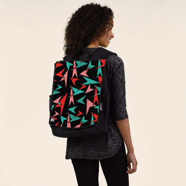 Mid Century Atomic Arrows Black Aqua Orange Backpack (Worn)